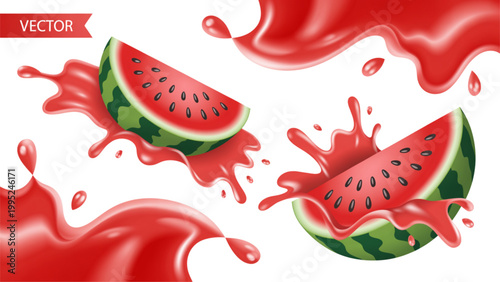 Fresh red watermelons and slices floating in blood-like liquid with red droplets Vector