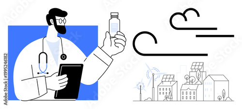 Medical services, sustainability, renewable energy, public health, eco-friendly living, vaccinations. Doctor holding a vaccine bottle near renewable energy city elements. Medical services