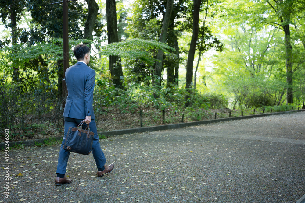 Fototapeta premium Full-body portrait of a salesman walking through a park in fresh greenery with a briefcase—business setting. Wide-angle shot. Back view without face. 