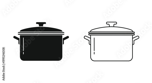 Professional vector illustration of two cooking pots displaying solid black fill and simple line art outline style perfect for kitchenware design and culinary food app icons