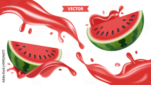 Juicy watermelon slices with red dripping juice on a colorful background Vector