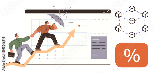 Risk management, financial growth, teamwork, blockchain technology, analytics, business strategy. Two figures climbing an upward graph using an umbrella for protection. Financial growth and risk