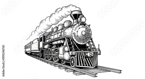 Vintage Steam Locomotive Engraving on Tracks with Smoke.