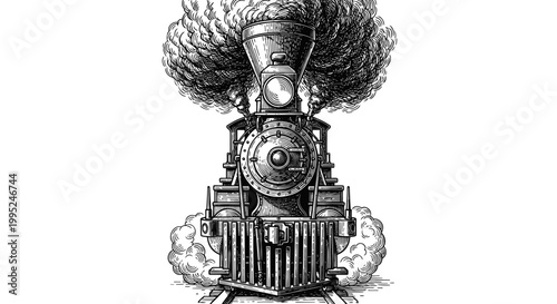 Vintage Steam Locomotive Front View with Smoke.