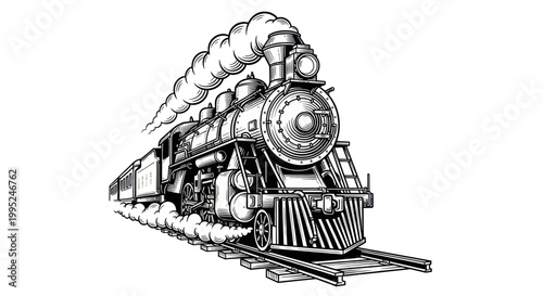 Vintage Steam Locomotive Puffing Smoke on Railroad Tracks.