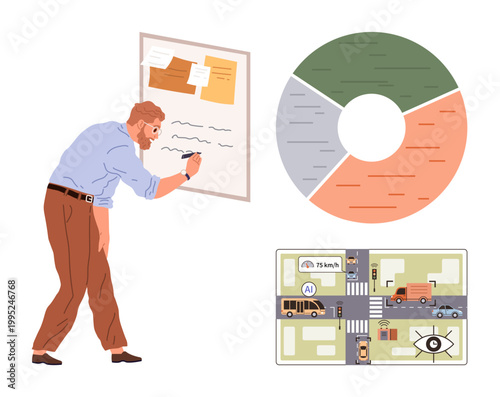 Business strategy, data analysis, urban planning, artificial intelligence, teamwork, traffic solutions. Man at board, pie chart and traffic map. Data analysis and urban planning