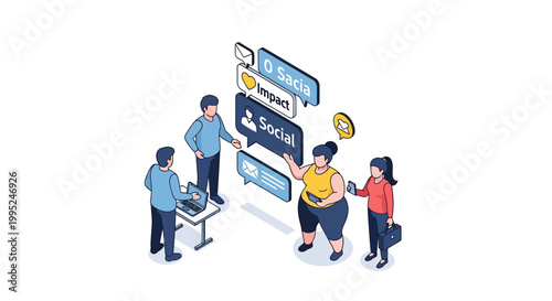 Isometric Illustration of a Team Discussing Social Media Marketing Strategies.