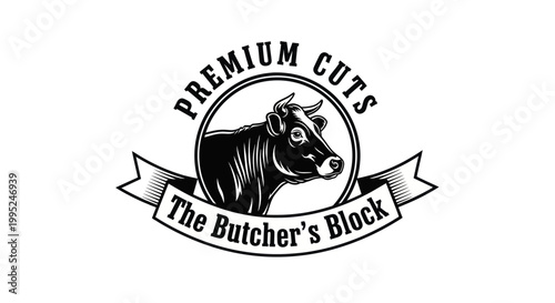 Vintage style butcher shop logo with a cow head illustration and text Premium Cuts The Butchers Block.