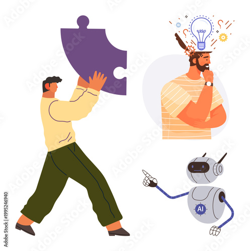 Innovation, critical thinking, AI development, creativity, teamwork, machine intelligence. Man holding a puzzle piece, a thinking man with ideas and a robot pointing. Innovation and critical