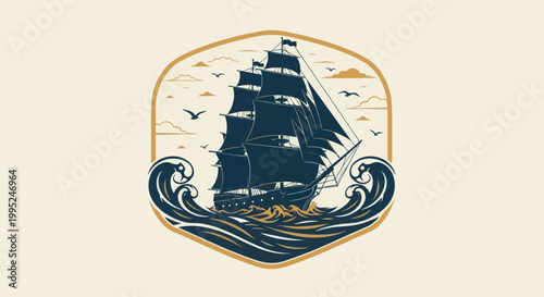 Vintage Tall Ship Sailing on Rough Seas with Birds Flying.