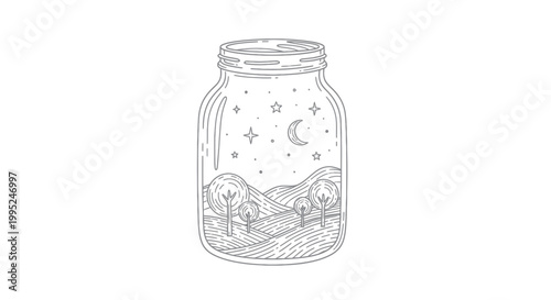 Whimsical Jar Scene with Night Sky and Landscape.