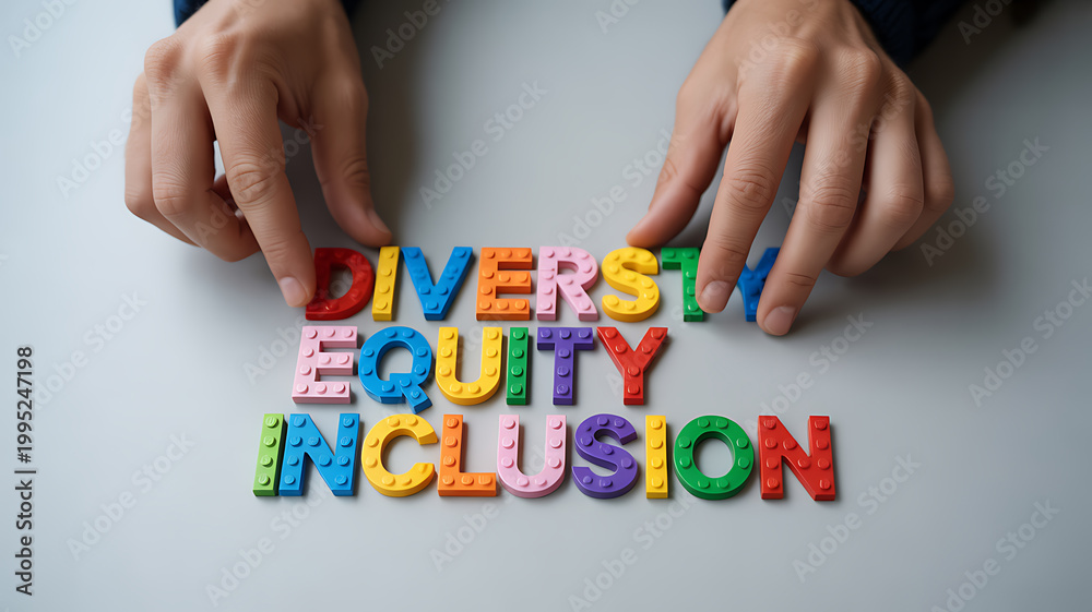 Fototapeta premium Hands arranging colorful blocks spelling diversity equity inclusion symbolizing freedom, adventure, and exploration