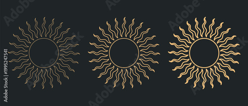 Set of three abstract sun illustrations, designed in clean geometric line art style. Elegant golden color on dark background creates a luxury aesthetic. Perfect for branding, logos, packaging, tattoo 