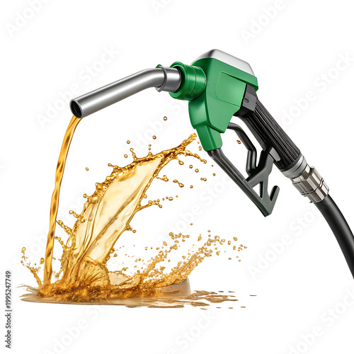 Green Fuel Nozzle Dispensing Golden Liquid with Dynamic Splash on White Background on transparent  background