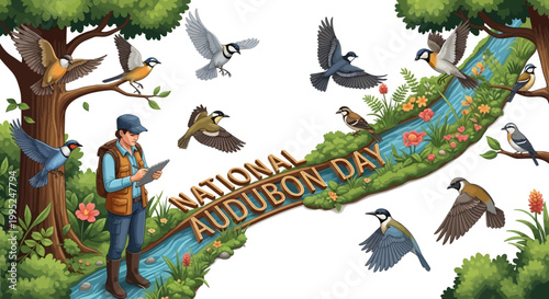 Illustrated vector design celebrating National Audubon Day featuring a bird watcher standing near a winding river with trees and flying bird species, rendered in a detailed, colorful style