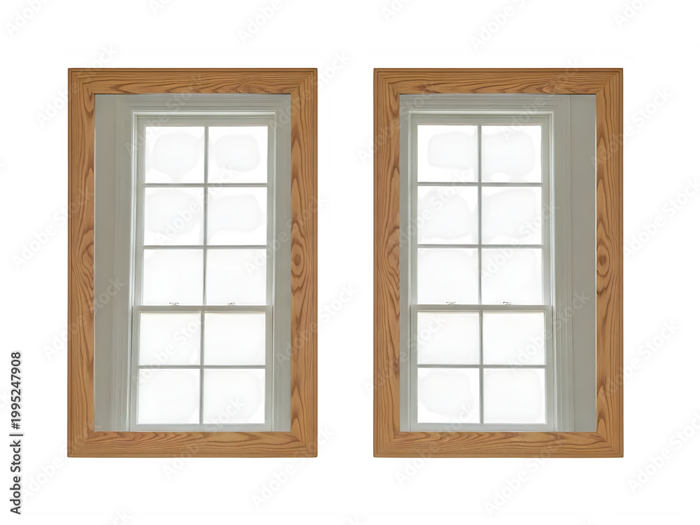 Fototapeta premium Two classic wooden windows with clear glass panes for home design projects