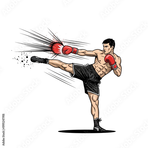 Boxer delivering powerful kick with red gloves and shorts, dynamic action pose