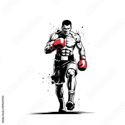 Boxer fighter walking forward with red gloves, dynamic illustration