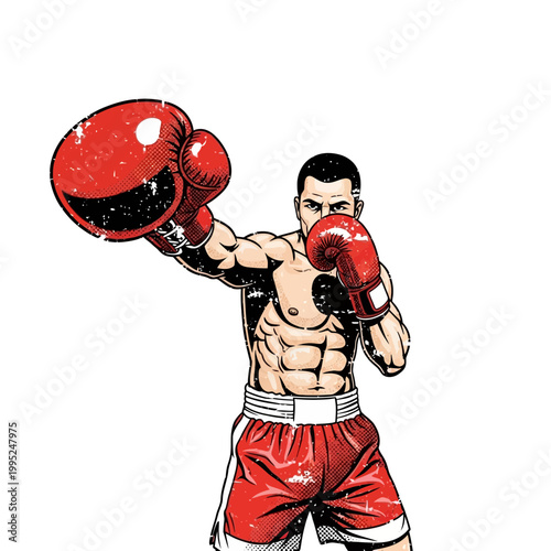 Boxer Punching with Red Gloves, Muscular Athlete, Combat Sport Illustration