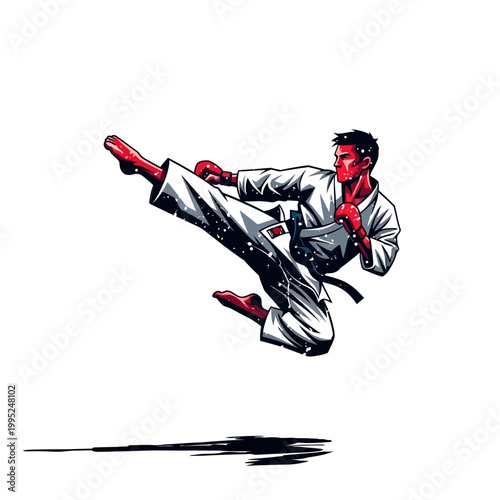 Karate fighter performing a flying kick with red accents