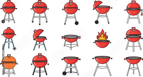 Collection of barbecue grills with different designs and open lids isolated on light background outdoor cooking equipment vector illustration set
