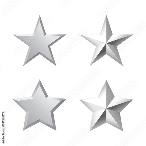 Silver stars gleam with sharp edges. Each star shows a different angle and light reflection. They shine brightly against a plain white background. Perfect for rating, excellence, or achievement themes