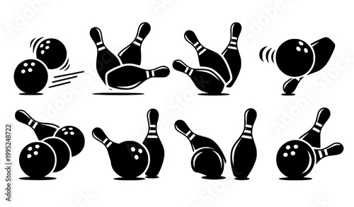 Bowling ball and pin vector icon collection with dynamic motion poses minimalist sports design set