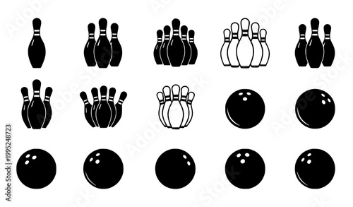 Bowling icon set vector with ball and pin silhouettes in clean minimalist sports symbol collection
