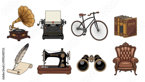 Vintage sewing and crafting tools collection on a wooden surface Vector