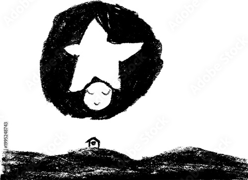 Monochrome hand-drawn pencil drawing of a large star, a sleeping face, and a house on a hill