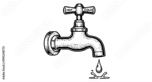Water Tap with Drop Engraving Style Vector Illustration