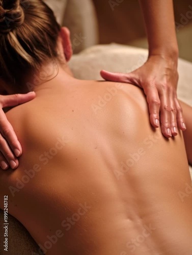 A close-up of a woman's back receiving a massage. Two hands apply pressure along the spine. The setting is calm and relaxing, ideal for wellness and self-care.