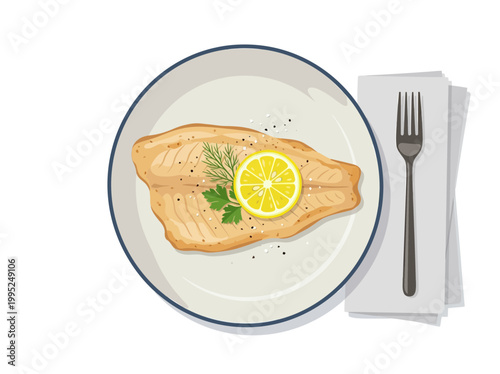 Grilled fish fillet served on a white plate with lemon and herbs.