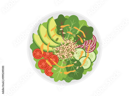 Healthy fresh vegetable salad bowl with avocado and quinoa.