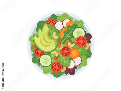 Fresh Vegetable Salad Bowl with Avocado and Tomatoes.