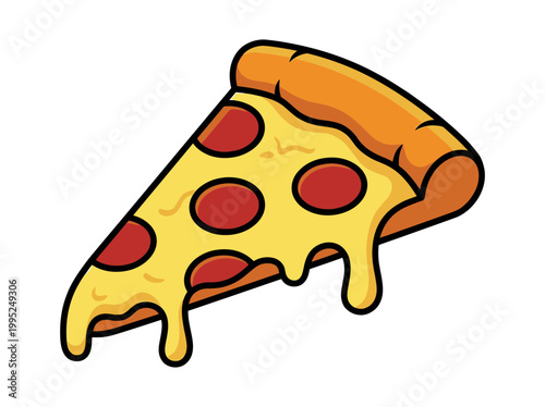 Cartoon vector illustration of a delicious slice of pepperoni pizza with melting cheese.