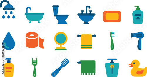 Bathroom accessories icon set, shower sink toilet towel toothbrush soap hygiene collection, flat vector illustration, personal care symbols isolated design