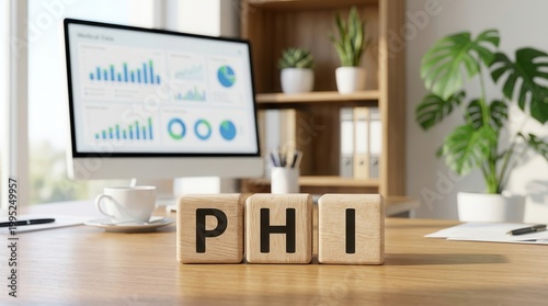 Healthcare data security concept with PHI wooden blocks and medical dashboard on computer monitor.