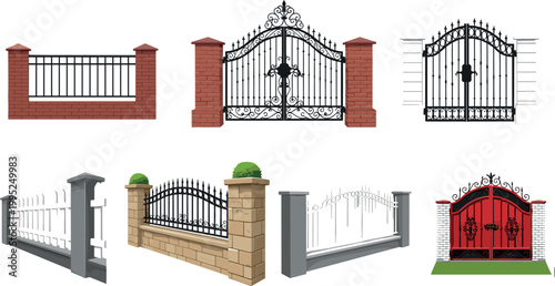 Collection of decorative fences and gates with metal and brick designs isolated on light background architectural vector illustration set
