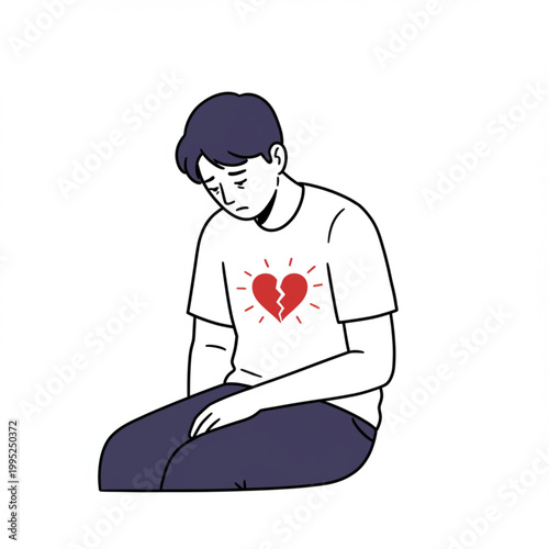 Vector illustration of a sad young man with a broken heart, depicting emotional pain, grief, loss, and the profound experience of personal sorrow