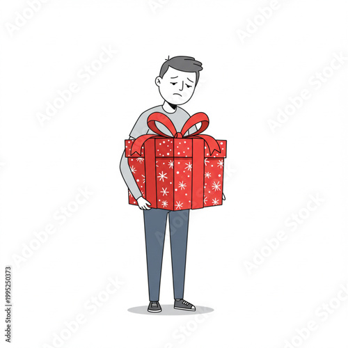 A man with a look of quiet disappointment holds a cheerful gift box, symbolizing the often-unseen emotional burdens and pressures linked to holiday expectations and the act of giving