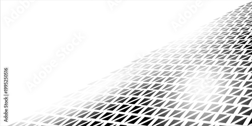 Fading triangle halftone gradient texture. Abstract geometric 8 bit background. Tech triangular binary gradation pattern. Vanishing dither arrow wallpaper for poster, banner, booklet. Vector backdrop