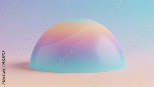 A colorful, iridescent dome sits on a pastel surface against a soft, gradient background.
