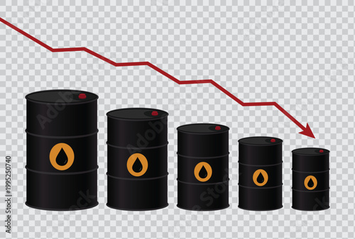 Vector illustration of declining oil prices with falling barrels and downward arrow symbolizing market downturn, price decrease, and reduced energy demand concept