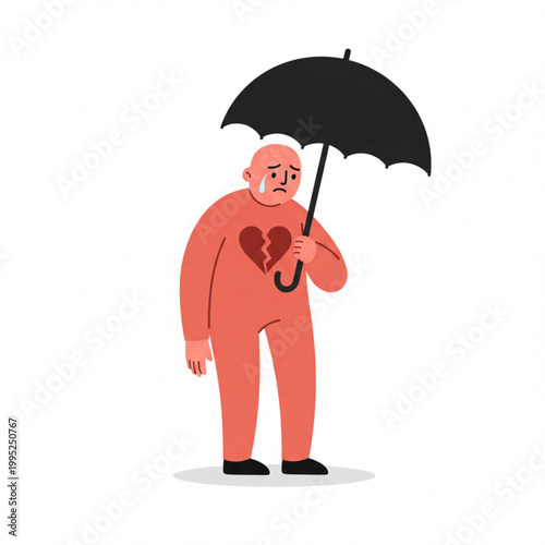 An illustration of a crying person with a broken heart symbol on their chest, holding a black umbrella for protection and comfort, symbolizing sadness and emotional distress during difficult times