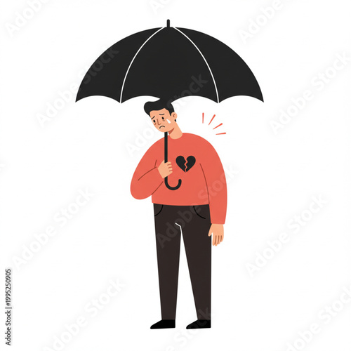 Sad person holding umbrella sheltering a broken heart under the rain, representing emotional pain and sadness