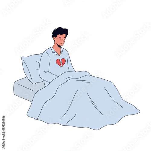 Heartbroken man in bed, symbolizing deep emotional pain, grief, and solitude after a difficult breakup. Vector illustration depicting personal distress and mental struggles