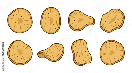 Multiple thin golden fried potato chips arranged in a collection showing various organic shapes and distinct crunchy textures for snacking