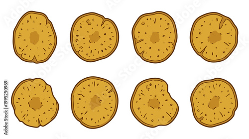 Eight distinct slices of dried pineapple featuring a rustic texture and natural golden brown colors arranged in a neat grid