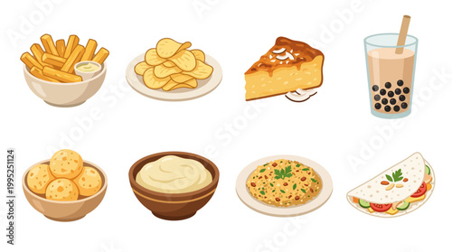 A diverse collection of colorful food items including crispy potato fries, crunchy chips, sweet dessert, refreshing bubble tea, and savory snacks.